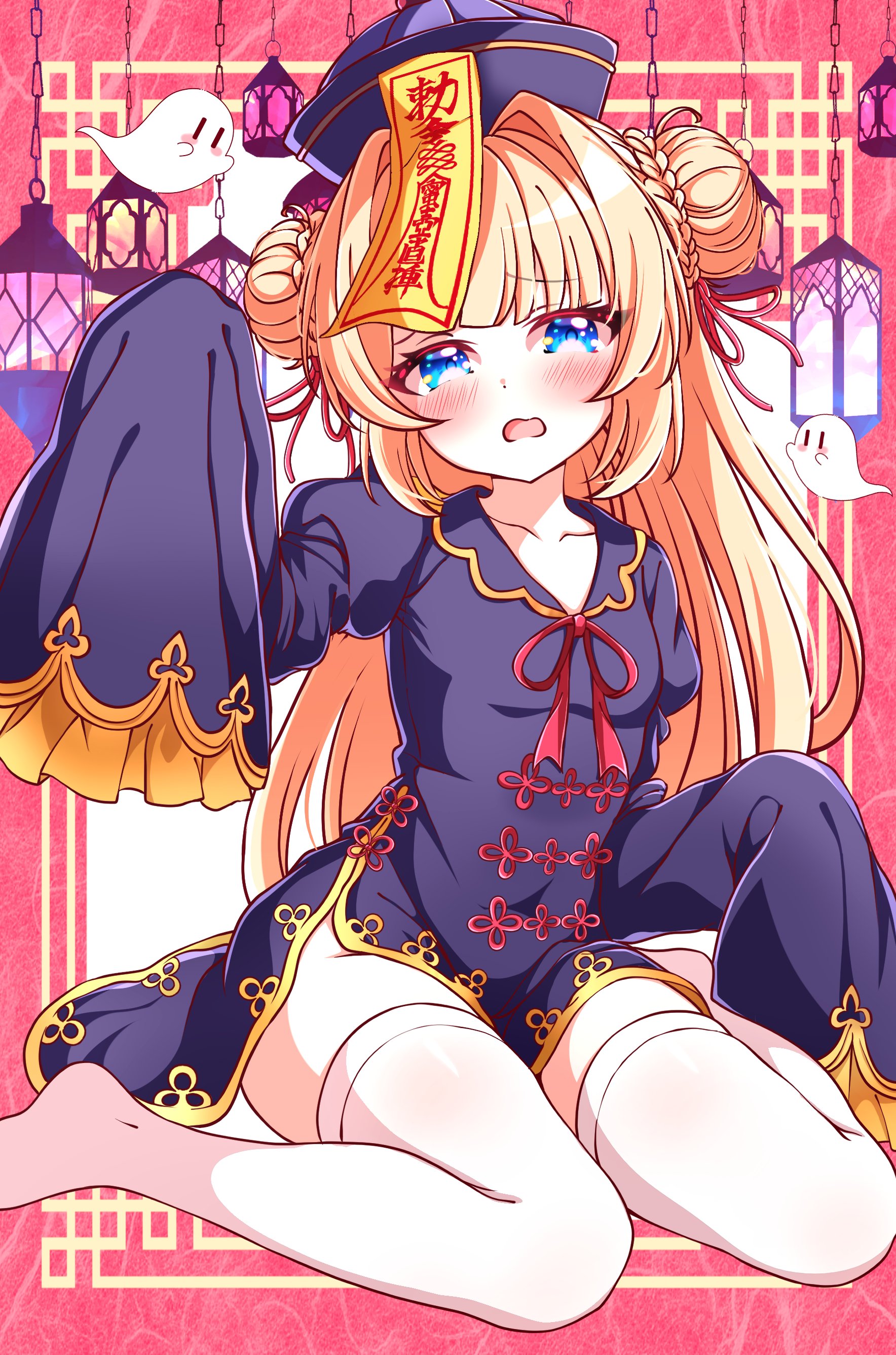 motosu towa, world dai star, absurdres, highres, 1girl, blonde hair, blue eyes, blush, chinese clothes, collarbone, double bun, dress, hair bun, hat, jiangshi, kanaria chick, long hair, long sleeves, looking at viewer, no shoes, ofuda, open mouth, qingdai guanmao, ribbon, sitting, sleeves past fingers, sleeves past wrists, solo, thighhighs, very long hair, wariza