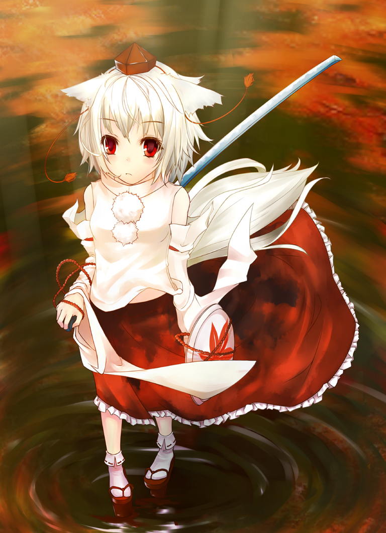 toufu, toufu (kasaharasho), inubashiri momiji, touhou, silver hair, bad id, bad pixiv id, 1girl, animal ears, detached sleeves, female focus, geta, hat, red eyes, shield, short hair, solo, sword, tail, tengu-geta, tokin hat, weapon, wolf ears, wolf tail