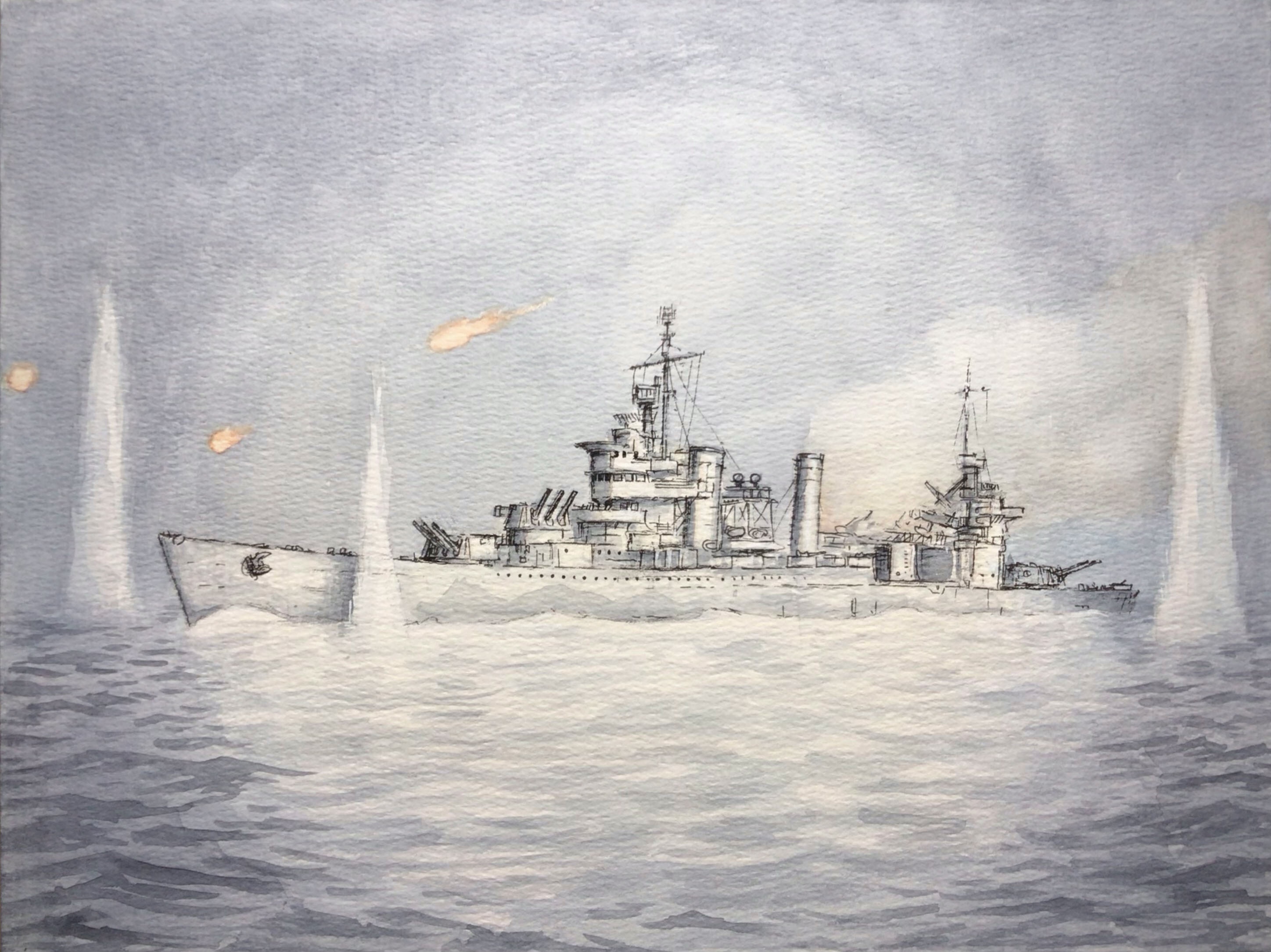 atelier bono, uss quincy (ca-39), original, united states navy, commentary request, highres, painting (medium), traditional media, watercolor (medium), battle of savo island, historical event, illumination, military vehicle, no humans, ocean, sailing, ship, ship turret, smoke, smokestack, under fire, warship, watercraft