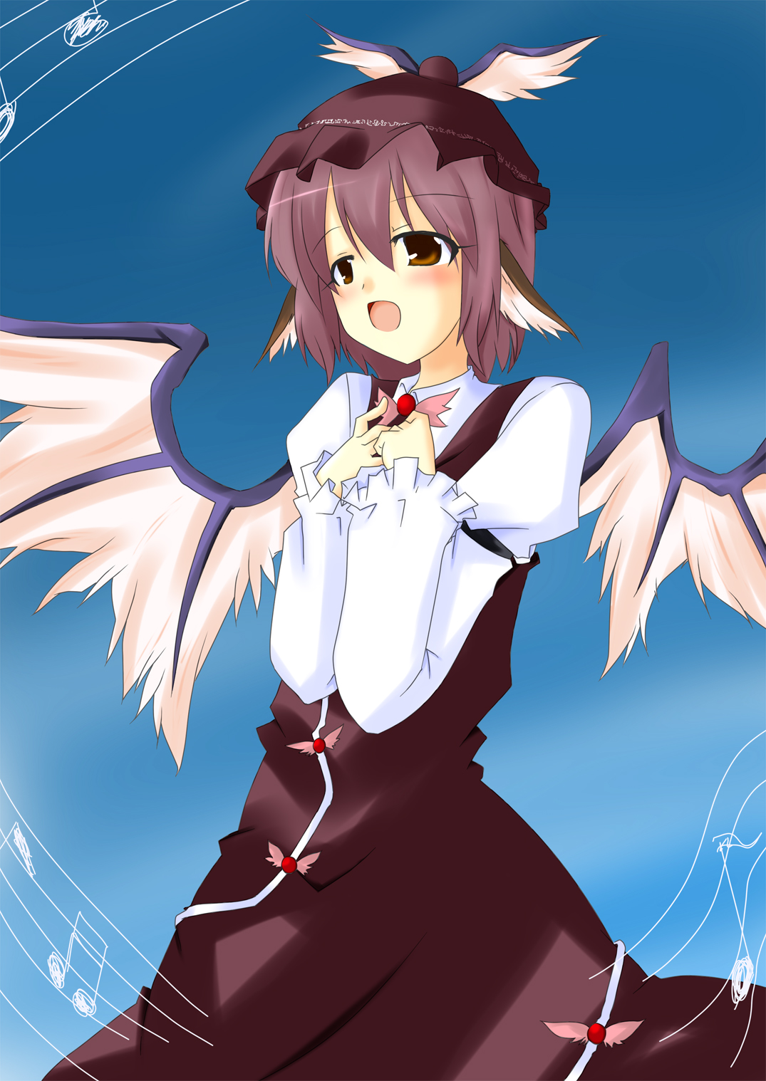 hanano gizu, nanohazuki, mystia lorelei, touhou, highres, 1girl, animal ears, brown eyes, brown hair, female focus, hat, music, musical note, short hair, singing, solo, wings