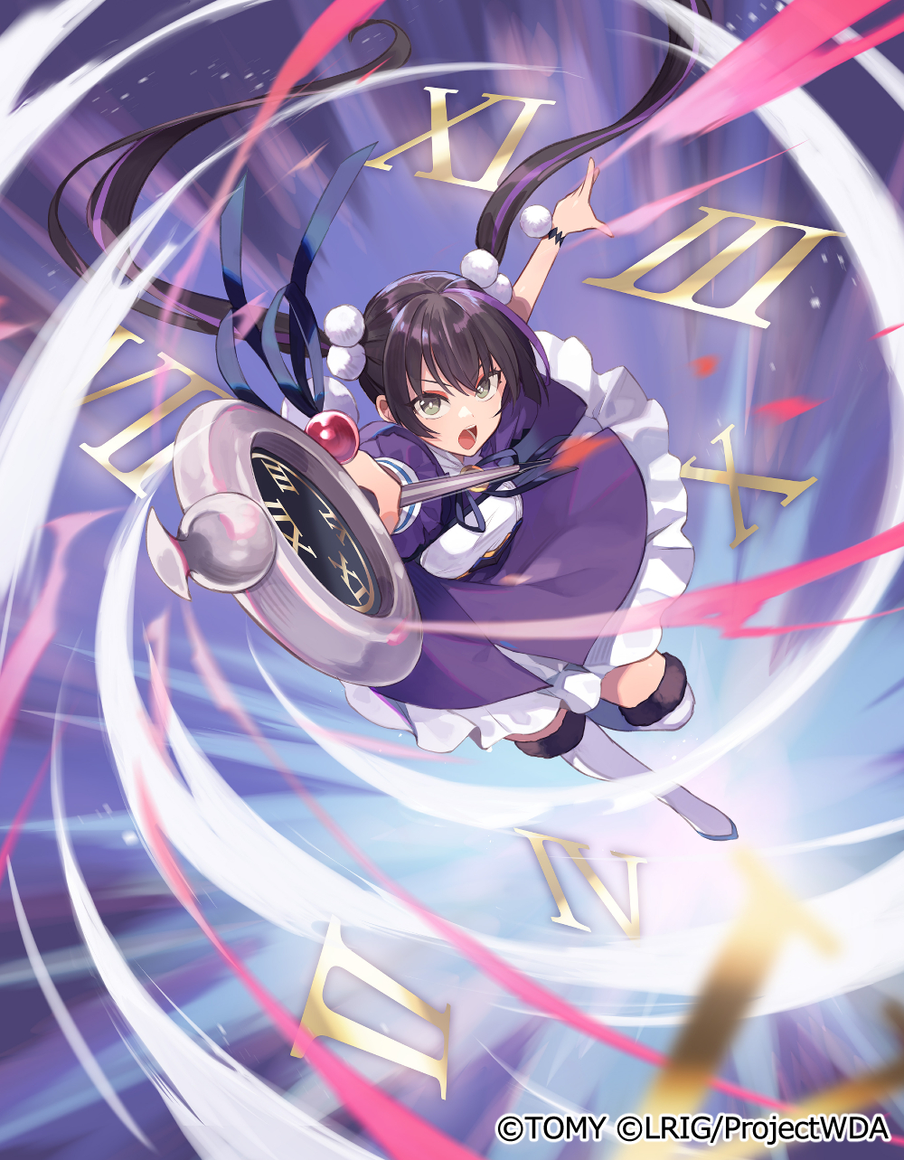 yuko (uc yuk), wixoss, highres, official art, 1girl, black eyes, black hair, copyright notice, dress, frilled dress, frills, holding, holding wand, long hair, looking at viewer, open mouth, purple dress, solo, thighhighs, twintails, very long hair, wand, white thighhighs, yamino (wixoss)