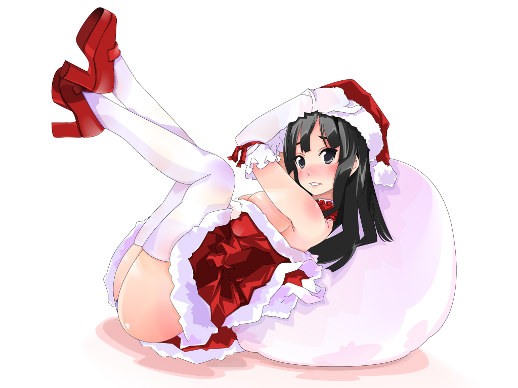 kazuha nanako, nanako (artist), akiyama mio, k-on!, bad id, bad pixiv id, 00s, 1girl, black eyes, black hair, blush, breasts, dress, elbow gloves, female focus, gloves, hat, high heels, large breasts, long hair, sack, santa costume, santa hat, shoe soles, solo, thighhighs, white background