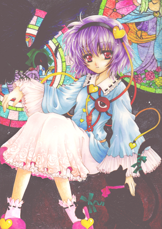 sagami, kaenbyou rin, kaenbyou rin (cat), komeiji satori, reiuji utsuho, reiuji utsuho (bird), touhou, 1girl, female focus, hairband, heart, purple eyes, purple hair, skirt, solo