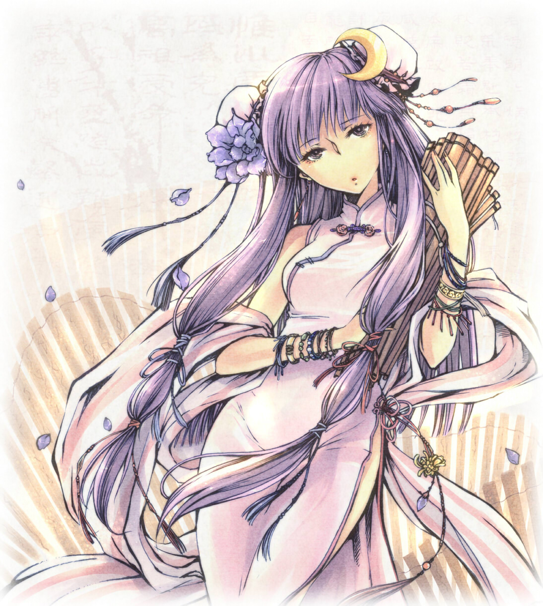 kieta, patchouli knowledge, touhou, highres, 1girl, alternate costume, artistic error, bracelet, bun cover, china dress, chinese clothes, crescent, crescent hair ornament, dress, female focus, flower, hair ornament, hat, jewelry, long hair, purple eyes, purple hair, ribbon, scroll, side slit, solo, very long hair