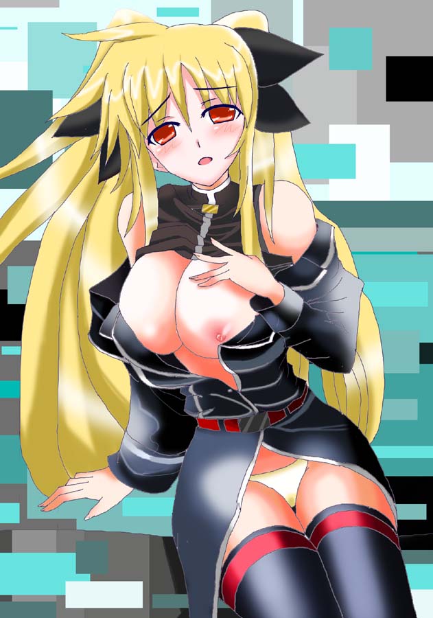 oisinbou, fate testarossa, lyrical nanoha, mahou shoujo lyrical nanoha, mahou shoujo lyrical nanoha strikers, bad id, bad pixiv id, 00s, 1girl, belt, blonde hair, blush, breasts, detached sleeves, female focus, large breasts, long hair, nipple slip, nipples, no bra, open clothes, open shirt, panties, red eyes, shirt, solo, thighhighs, twintails, underwear, very long hair