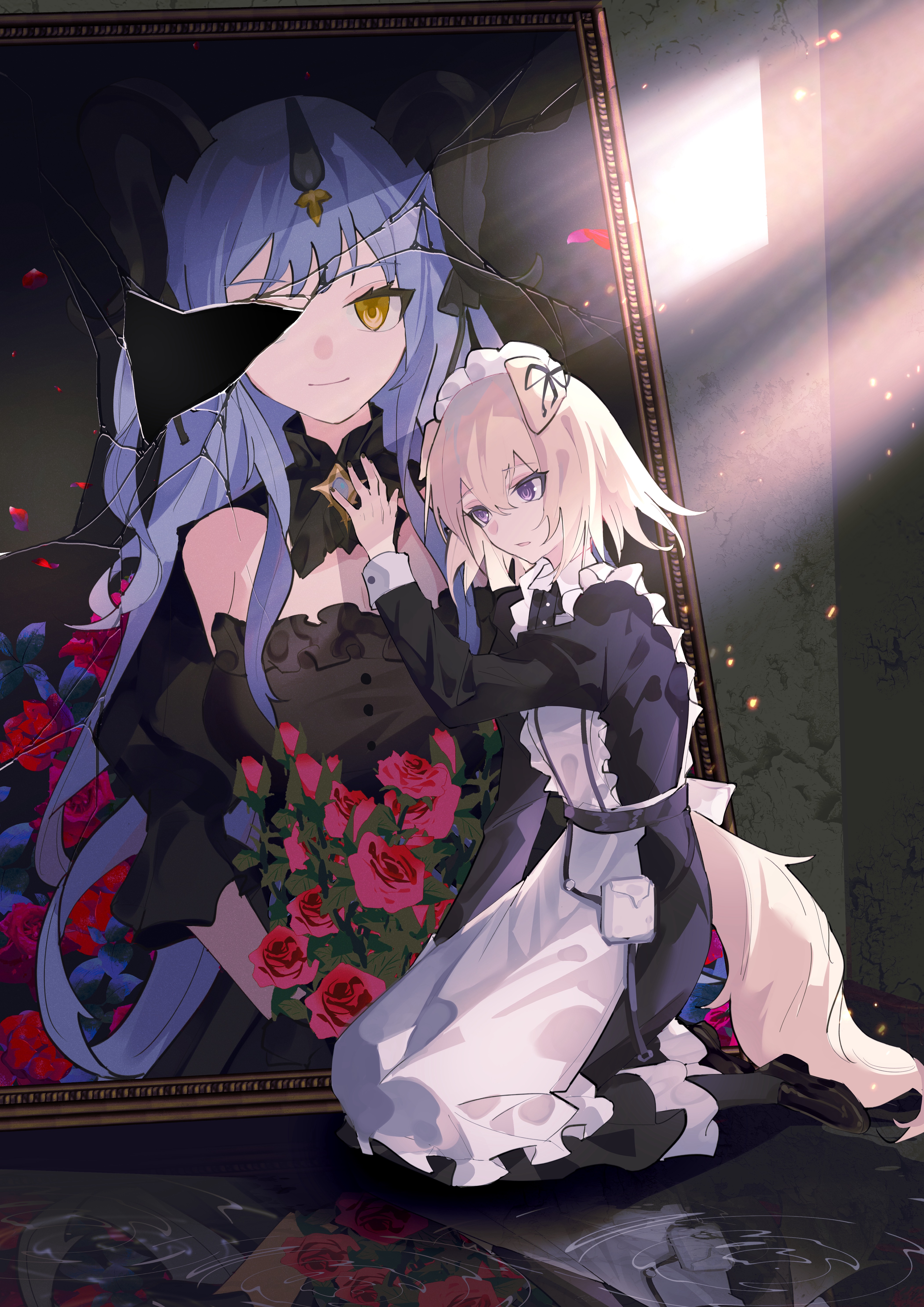 ampheta, misumi uika, misumi uika (caged singer), togawa sakiko, togawa sakiko (master of melodia), arknights, bang dream!, bang dream! it's mygo!!!!!, absurdres, chinese commentary, commentary request, highres, mixed-language commentary, 2girls, animal ears, apron, black dress, blonde hair, dog ears, dog girl, dog tail, dress, kneeling, maid, maid headdress, medium hair, multiple girls, portrait (object), purple eyes, tail, white apron