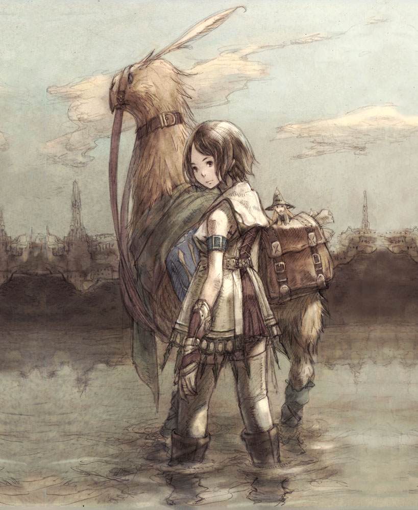 watanabe minoru, chocobo, final fantasy, 1girl, animal, brown hair, fantasy, female focus, short hair, solo, wading, walking, water