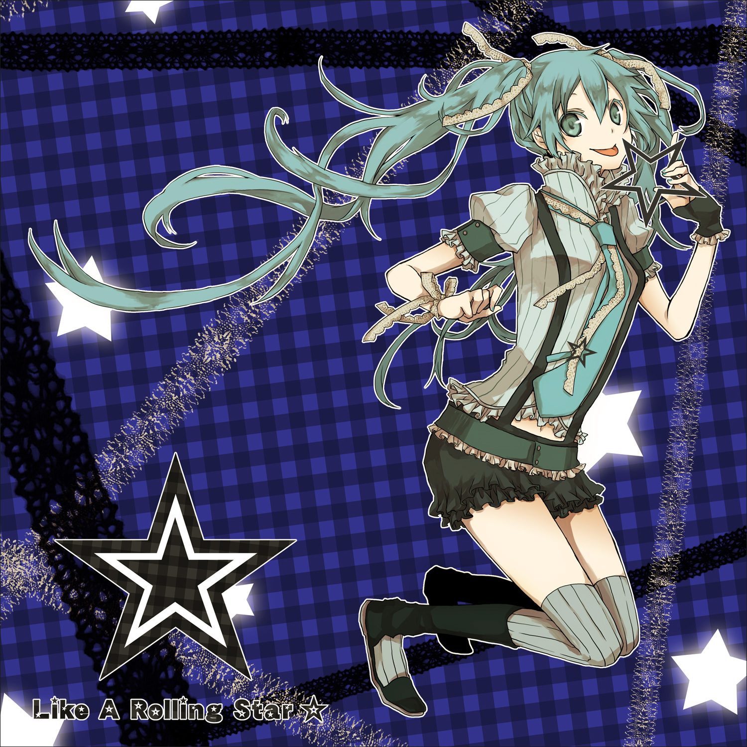 buzz (moi), hatsune miku, like a rolling star (vocaloid), vocaloid, plaid, highres, 1girl, :p, aqua eyes, aqua hair, asymmetrical clothes, belt, blue eyes, blue hair, boots, copyright name, female focus, frills, gloves, lace, navel, necktie, ribbon, shorts, single glove, skirt, solo, star (symbol), suspenders, thighhighs, tongue, tongue out, twintails, zettai ryouiki