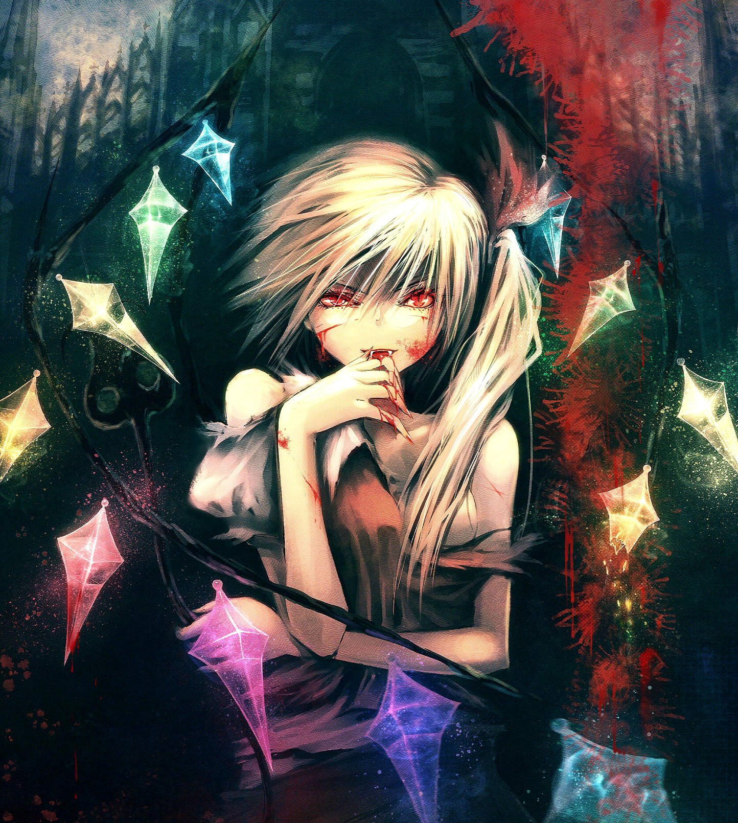 kieta, flandre scarlet, touhou, highres, 1girl, blonde hair, blood, blood on face, blood on hands, blouse, collared shirt, crystal, cuts, fangs, female focus, fingernails, glowing, hair between eyes, hand to own mouth, injury, long fingernails, off shoulder, red eyes, shaded face, shirt, side ponytail, slit pupils, solo, torn clothes, white shirt, wings