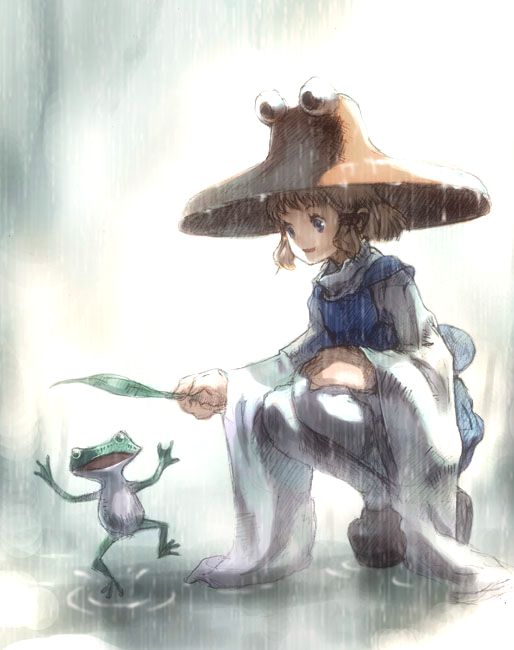 watanabe minoru, moriya suwako, touhou, 1girl, blonde hair, blue eyes, female focus, frog, hat, leaf, rain, short hair, smile, solo, squatting, wide sleeves