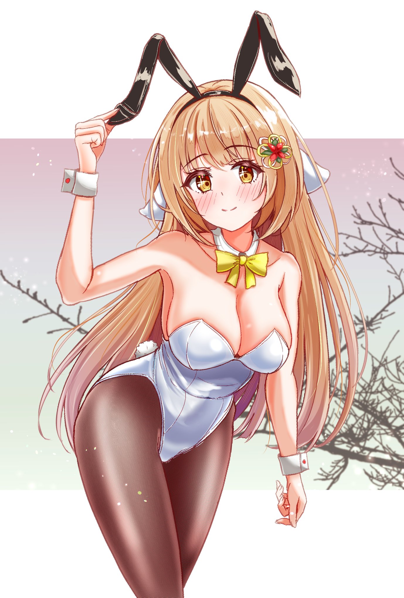 okutsu kagami, onsen musume, 1girl, breasts, brown hair, cleavage, leotard, playboy bunny, white leotard