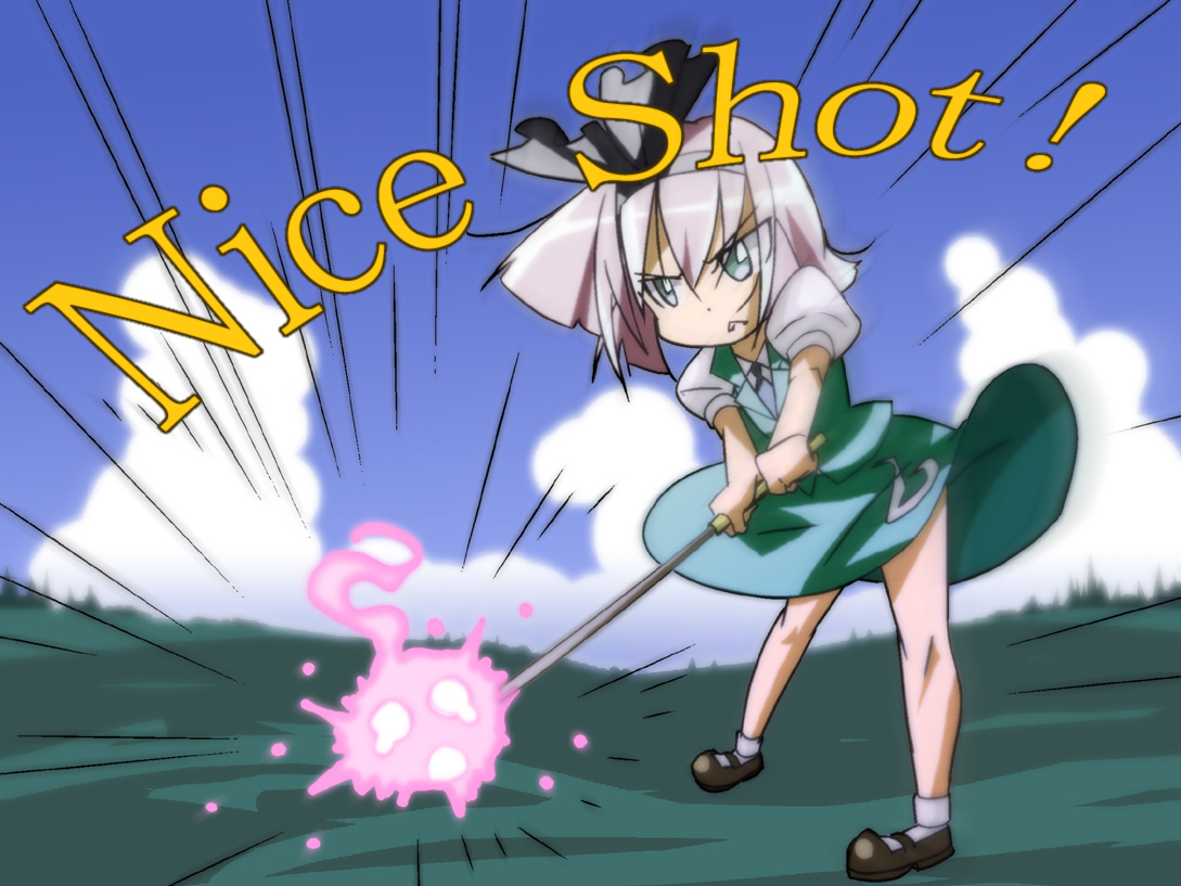 shokkin, konpaku youmu, konpaku youmu (ghost), touhou, silver hair, 1girl, english text, female focus, ghost, golf, golf club, hairband, hitodama, short hair, solo