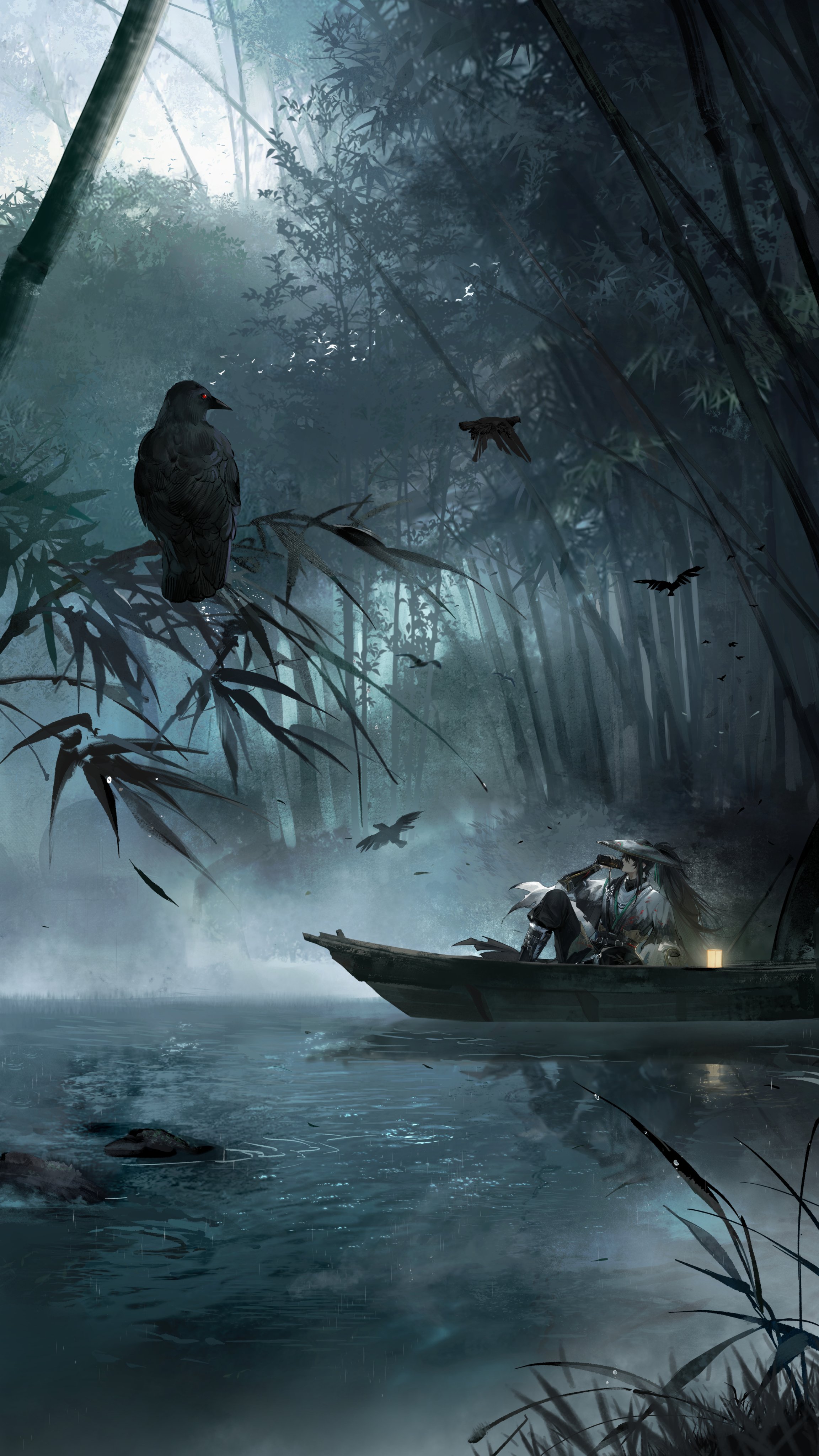 secretfj520, qiuyuan (wuthering waves), wuthering waves, absurdres, commentary, english commentary, highres, official art, 1boy, bird, black bird, black hair, canoe, copyright notice, drinking, logo, long hair, male focus, outdoors, ponytail, solo, wide shot