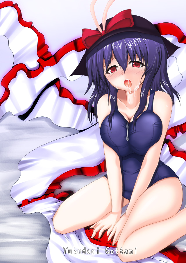 haruto, tsukudani shirou, nagae iku, touhou, 1girl, bare shoulders, blush, bow, breasts, breasts squeezed together, cum, cum on body, cum on clothes, cumdrip, facial, female focus, hat, kneeling, large breasts, one-piece swimsuit, open mouth, purple hair, red eyes, school swimsuit, solo, swimsuit