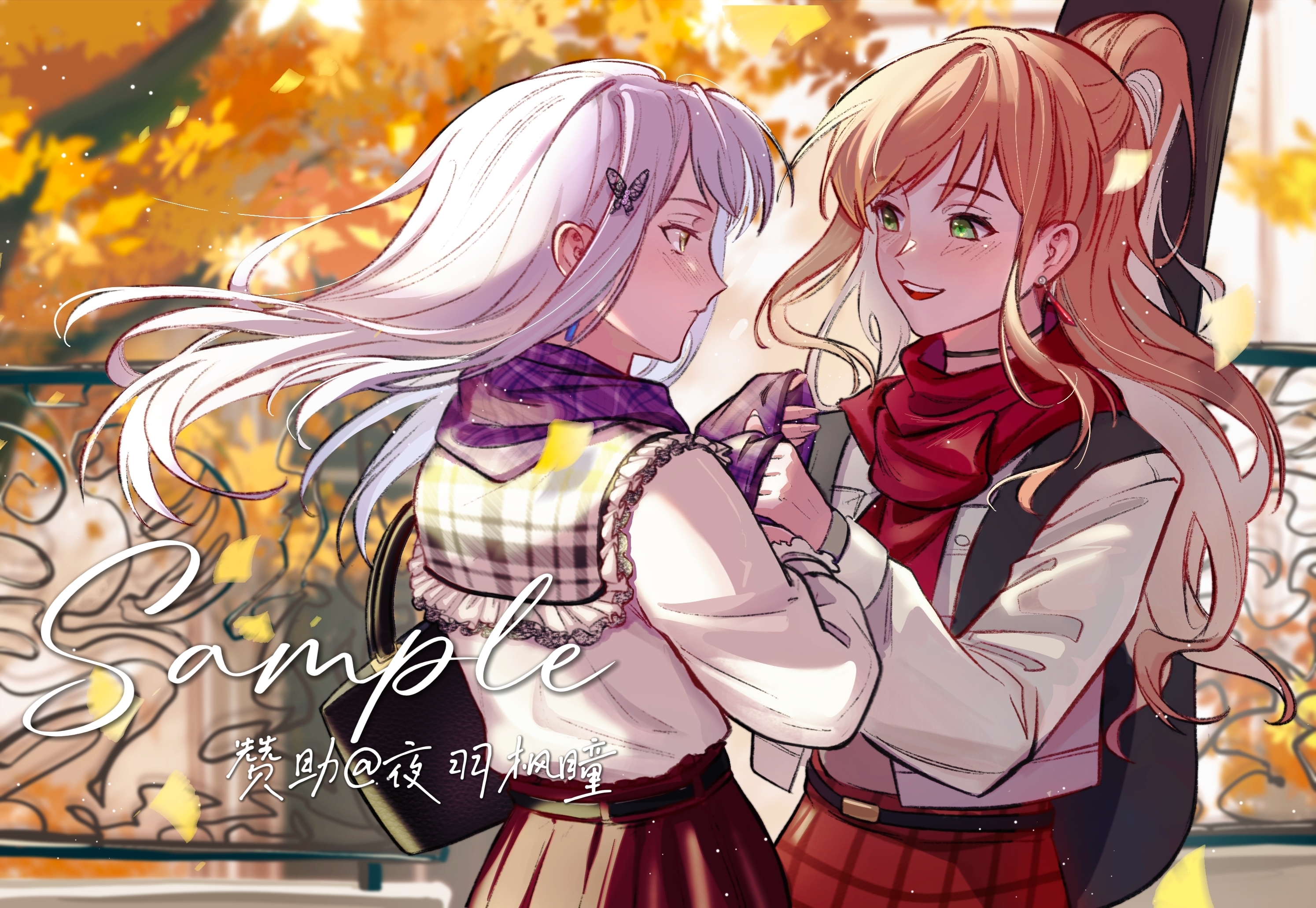 hero45439083942, imai lisa, minato yukina, bang dream!, chinese commentary, commentary request, highres, 2girls, backpack, bag, black bag, black choker, brown hair, choker, closed mouth, floating hair, green eyes, half updo, light particles, long hair, multiple girls, open mouth, plaid clothes, plaid scarf, purple scarf, red scarf, red skirt, sample watermark, scarf, shirt, sidelocks, signature, skirt, teeth, upper teeth only, watermark, white hair, white shirt, yellow eyes