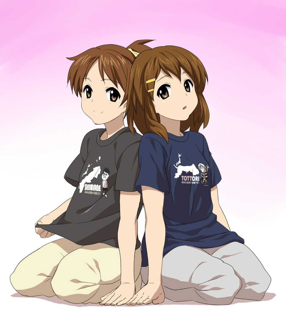 g-tetsu, hirasawa ui, hirasawa yui, kitarou, gegege no kitarou, k-on!, toei company, 00s, 2girls, brown eyes, brown hair, casual, flat chest, hair ornament, hairclip, kneeling, multiple girls, shirt, short hair, siblings, sisters, smile