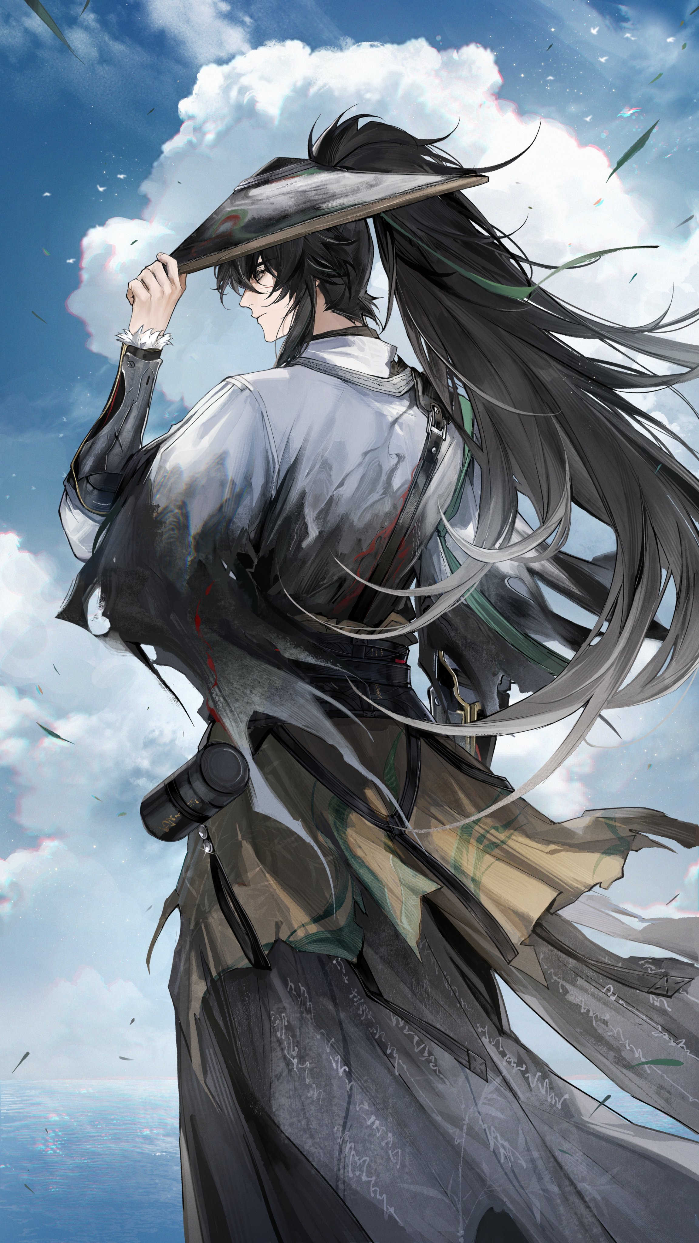 secretfj520, qiuyuan (wuthering waves), wuthering waves, absurdres, commentary, english commentary, highres, official art, 1boy, arm armor, black hair, blue sky, cloak, closed mouth, cloud, colored tips, copyright notice, day, hand up, logo, long hair, male focus, multicolored hair, ocean, outdoors, ponytail, sky, solo, white cloak