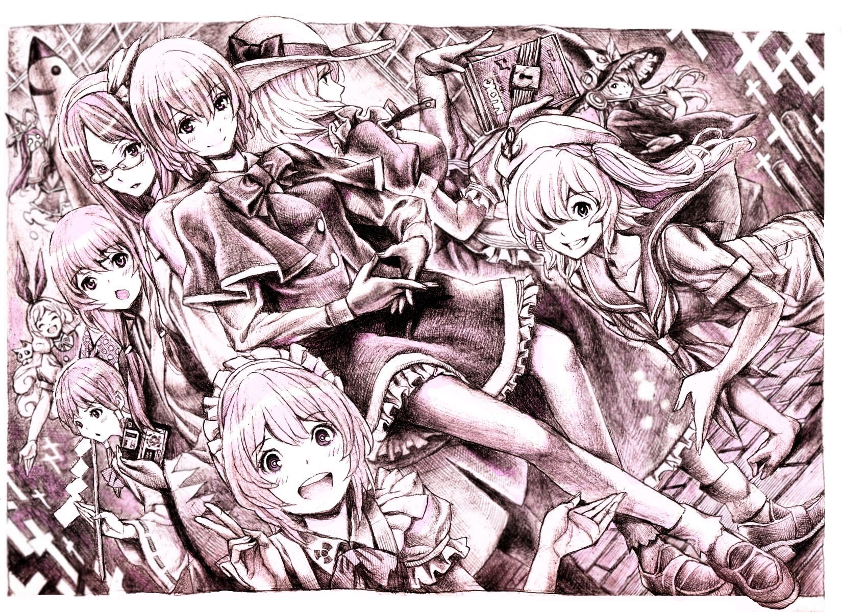 nobita (makoto7060355), asakura rikako, ellen (touhou), hakurei reimu, hakurei reimu (pc-98), kana anaberal, kirisame marisa, kirisame marisa (pc-98), kitashirakawa chiyuri, kotohime (touhou), mima (touhou), mimi-chan, okazaki yumemi, ruukoto, sokrates (touhou), phantasmagoria of dim.dream, touhou, touhou (pc-98), highres, 0 0, 6+girls, female focus, floppy disk, glasses, maid, monochrome, multiple girls, purple theme, sokrates