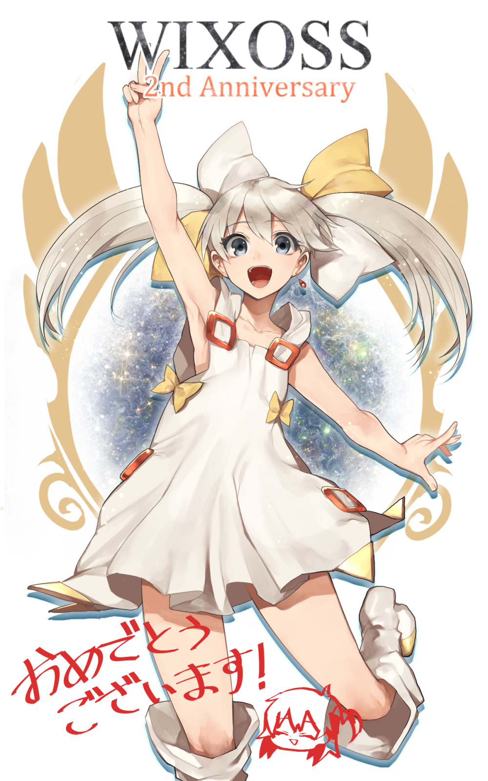 hitoto, tama (wixoss), wixoss, highres, 1girl, anniversary, arm up, boots, bow, dress, grey hair, looking at viewer, medium hair, open mouth, smile, solo, thigh boots, twintails, v, white boots, white bow, white dress, white hair, yellow bow
