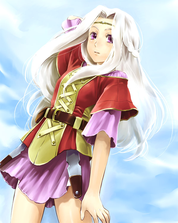 rakuto mangan, linda (guin saga), rinda farseer, guin saga, bad id, bad pixiv id, 00s, 1girl, arm up, belt, circlet, cloud, cowboy shot, day, dress, female focus, long hair, pouch, purple eyes, sky, solo, stretching, tunic, white hair
