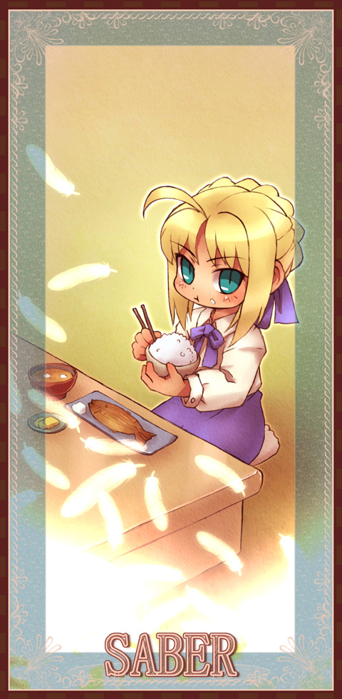 sankuma, artoria pendragon (fate), saber (fate), fate/stay night, fate (series), 00s, 1girl, ahoge, blonde hair, bowl, chopsticks, eating, feathers, female focus, fish, fish (food), food, food on face, green eyes, rice, rice bowl, seiza, sitting, solo