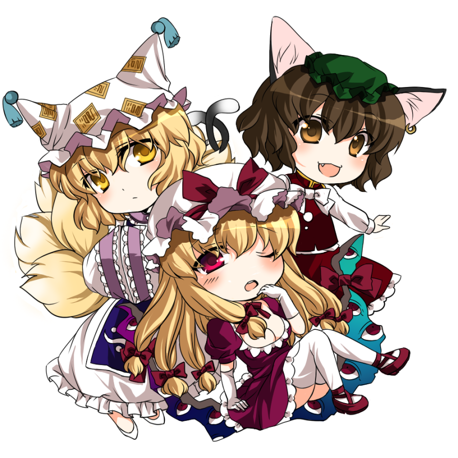n-mix, chen, yakumo ran, yakumo yukari, touhou, 3girls, animal ears, animal hat, blonde hair, brown hair, cat ears, cat girl, cat tail, chibi, earrings, elbow gloves, female focus, fox tail, gap (touhou), gloves, hair ribbon, hands in opposite sleeves, hat, jewelry, long hair, long sleeves, mob cap, multiple girls, multiple tails, one eye closed, pink eyes, puffy short sleeves, puffy sleeves, ribbon, shoes, short hair, short sleeves, tail, tassel, white background, wide sleeves