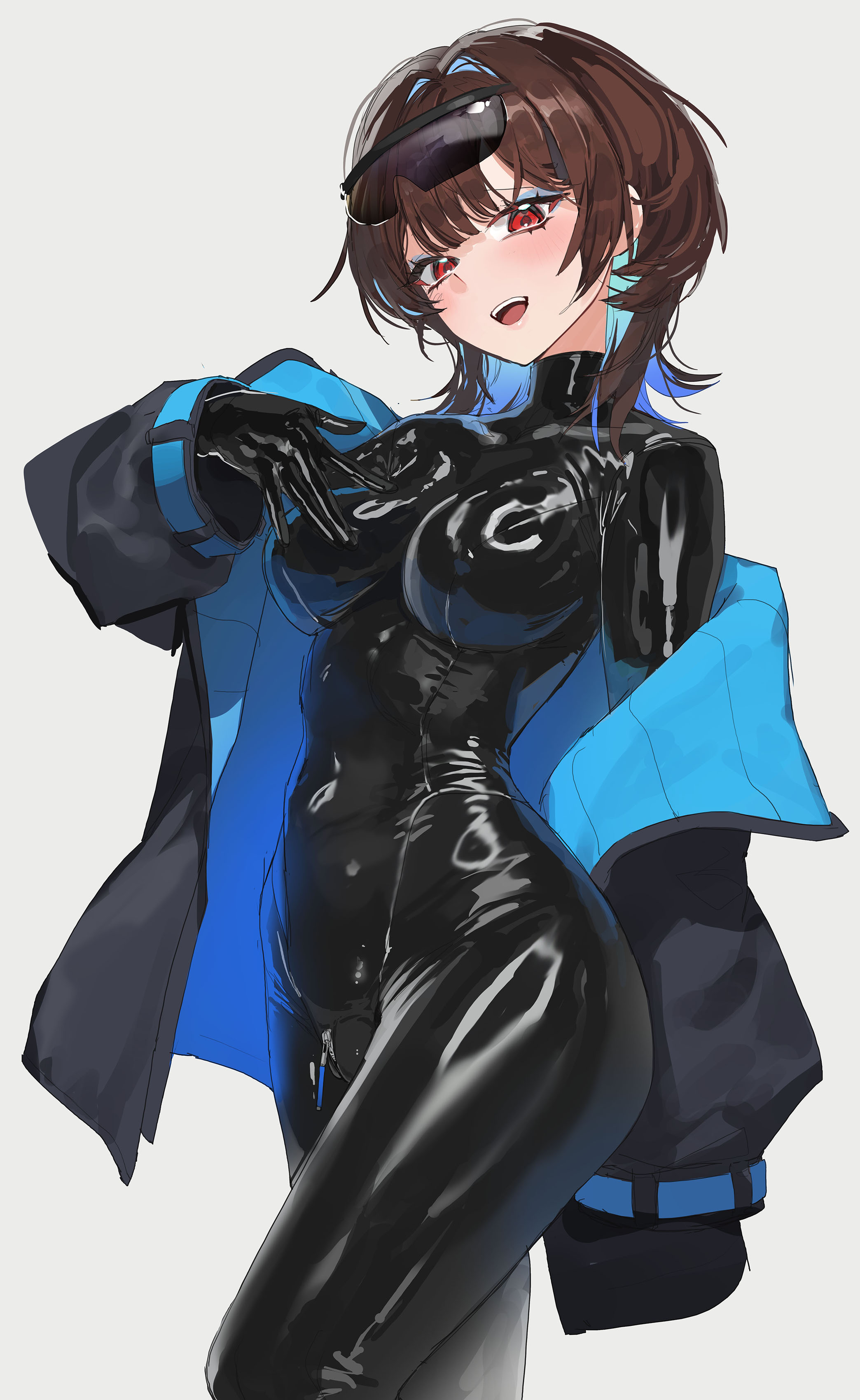 tunamayo (dsasd751), absurdres, character request, highres, 1girl, black bodysuit, black jacket, blue hair, blue jacket, bodysuit, breasts, brown hair, cowboy shot, crotch zipper, eyewear on head, jacket, large breasts, latex, latex bodysuit, looking at viewer, multicolored hair, multicolored jacket, open clothes, open jacket, open mouth, red eyes, short hair, simple background, skin tight, solo, sunglasses, thighs, two-tone hair, white background
