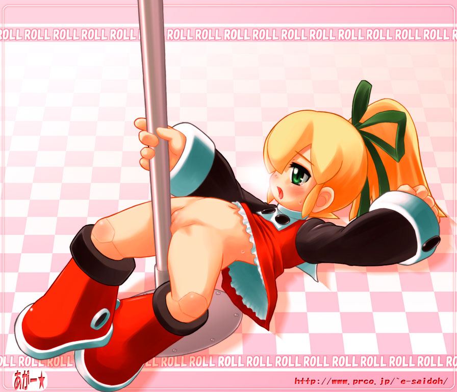 roll (mega man), capcom, mega man (classic), mega man (series), artist request, 1girl, blush, clothed masturbation, crotch rub, crotch rubbing against pole, crotch rubbing pole, female focus, female masturbation, loli, masturbation, no panties, pinup (style), pole, pole dancing, pole grind, ponytail, pussy, red skirt, skirt, solo, sweat, tears