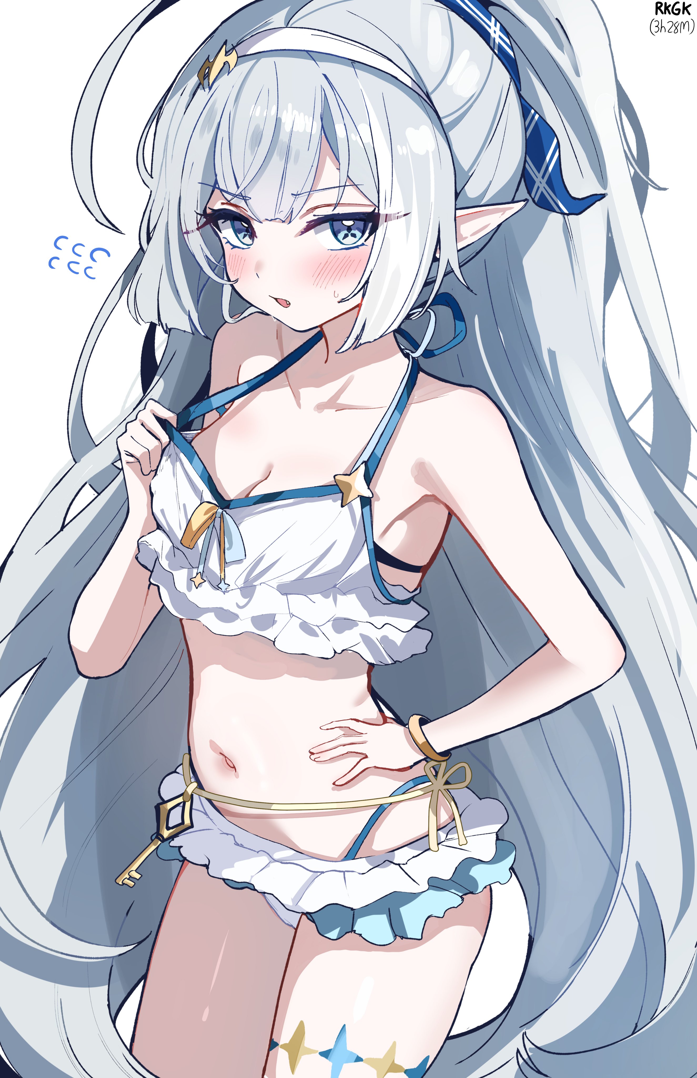 sak (lemondisk), female tyrant (stella sora), tyrant (stella sora), stella sora, absurdres, bad id, bad twitter id, highres, 1girl, bare shoulders, bikini, blush, breasts, cleavage, fang, flying sweatdrops, grey hair, hairband, hand on own hip, long hair, looking at viewer, navel, official alternate costume, parted lips, pointy ears, simple background, solo, stomach, swimsuit, very long hair, white background, white bikini, white hairband
