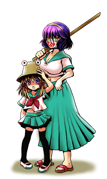 socha, moriya suwako, yasaka kanako, touhou, 2girls, alternate costume, blonde hair, bokken, contemporary, delinquent, female focus, hairband, hand on headwear, hat, long skirt, mask, mouth mask, multiple girls, pigeon-toed, purple eyes, purple hair, sandals, school uniform, serafuku, shoes, short hair, simple background, skirt, surgical mask, sword, thighhighs, uwabaki, weapon, wooden sword, yellow eyes