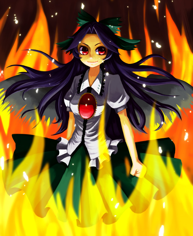 nanohito, tmc, reiuji utsuho, touhou, 1girl, black hair, female focus, red eyes, solo, wings