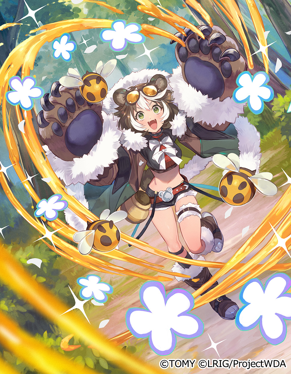 yuko (uc yuk), wixoss, highres, official art, 1girl, animal ears, bear ears, bear girl, bear paws, black shorts, black tube top, boots, brown boots, brown hair, copyright notice, fangs, green eyes, grizzly (wixoss), multicolored hair, outdoors, short shorts, shorts, smile, solo, strapless, streaked hair, teeth, thigh strap, tube top, upper teeth only, white hair