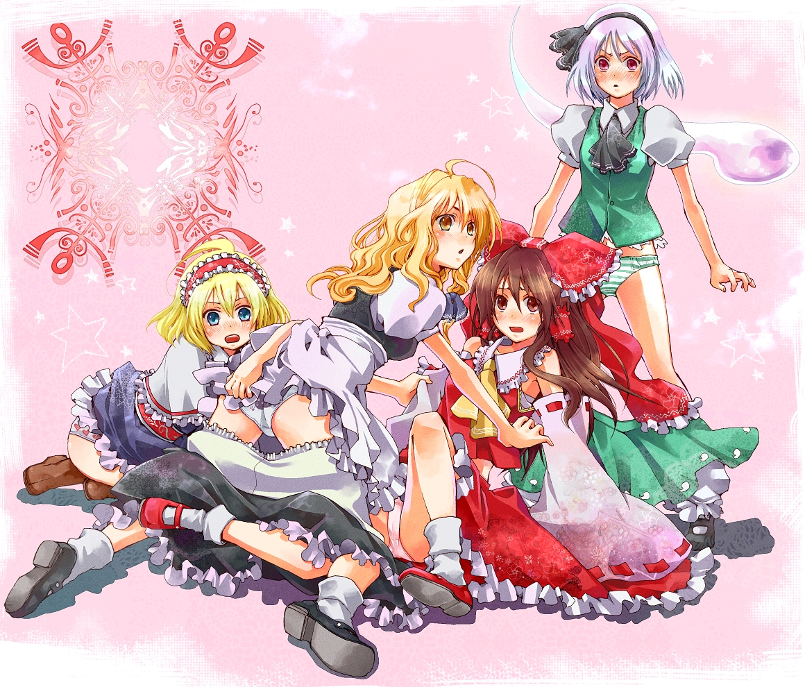 m (kkk002pc), m (pixiv), alice margatroid, hakurei reimu, kirisame marisa, konpaku youmu, touhou, bad id, bad pixiv id, 4girls, blonde hair, blush, clothes pull, female focus, long hair, multiple girls, panties, skirt, skirt pull, underwear