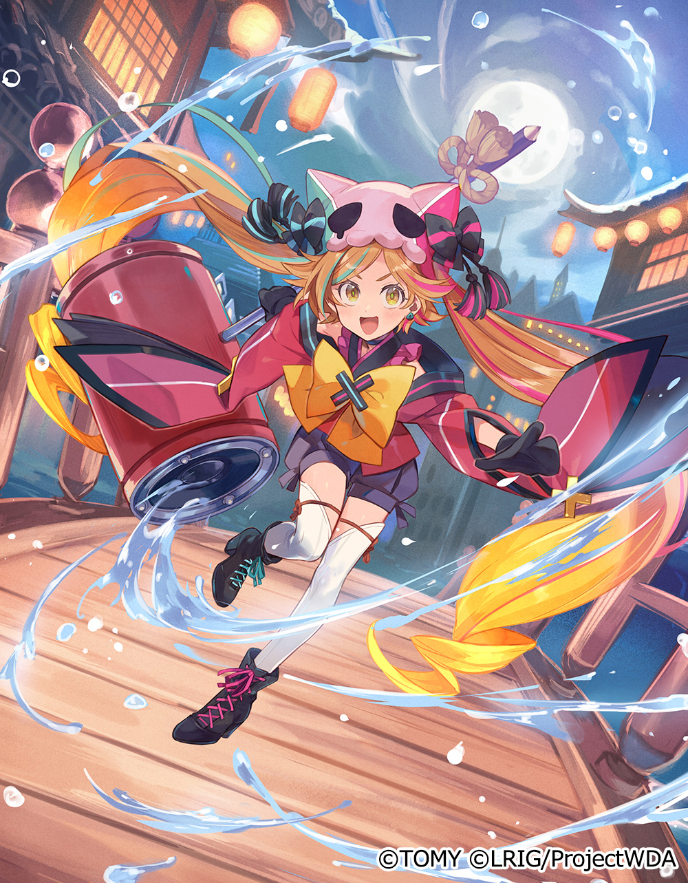 yuko (uc yuk), eldora (wixoss), wixoss, highres, official art, 1girl, black gloves, black sailor collar, black shoes, black shorts, blue hair, brown hair, cardigan, copyright notice, full moon, gloves, long hair, looking at viewer, moon, multicolored hair, outdoors, pink cardigan, sailor collar, shoes, shorts, solo, streaked hair, thigh strap, thighhighs, twintails, very long hair, white thighhighs, yellow eyes