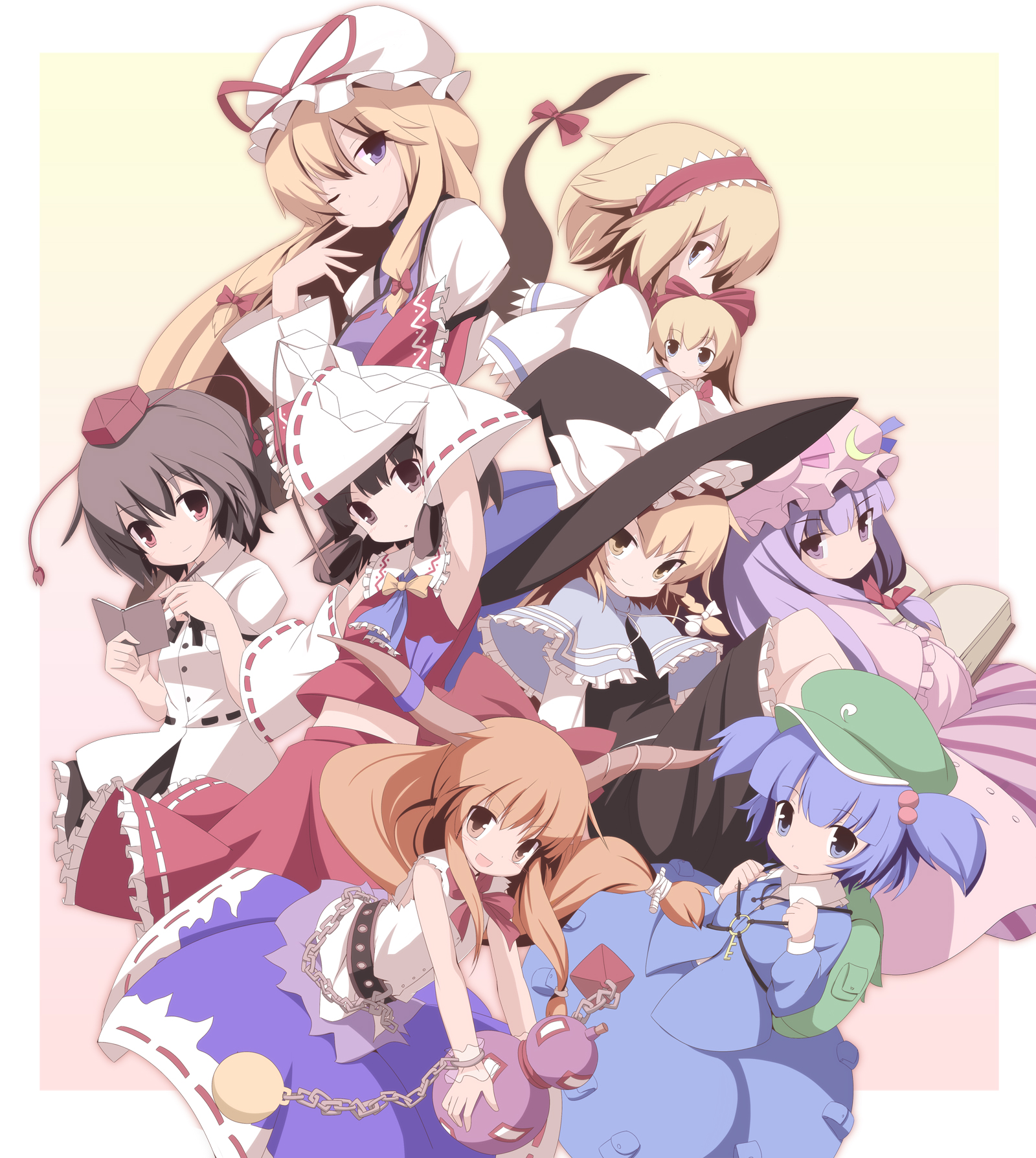 miko machi, alice margatroid, hakurei reimu, ibuki suika, kawashiro nitori, kirisame marisa, patchouli knowledge, shameimaru aya, shanghai doll, yakumo yukari, touhou, highres, 6+girls, armpits, backpack, bag, black hair, blonde hair, blue eyes, blue hair, braid, brown eyes, brown hair, chain, detached sleeves, female focus, gap (touhou), gourd, gradient background, hair bobbles, hair ornament, hairband, hat, horns, long hair, multiple girls, one eye closed, purple eyes, short hair, simple background, tokin hat, twin braids, wink, witch hat