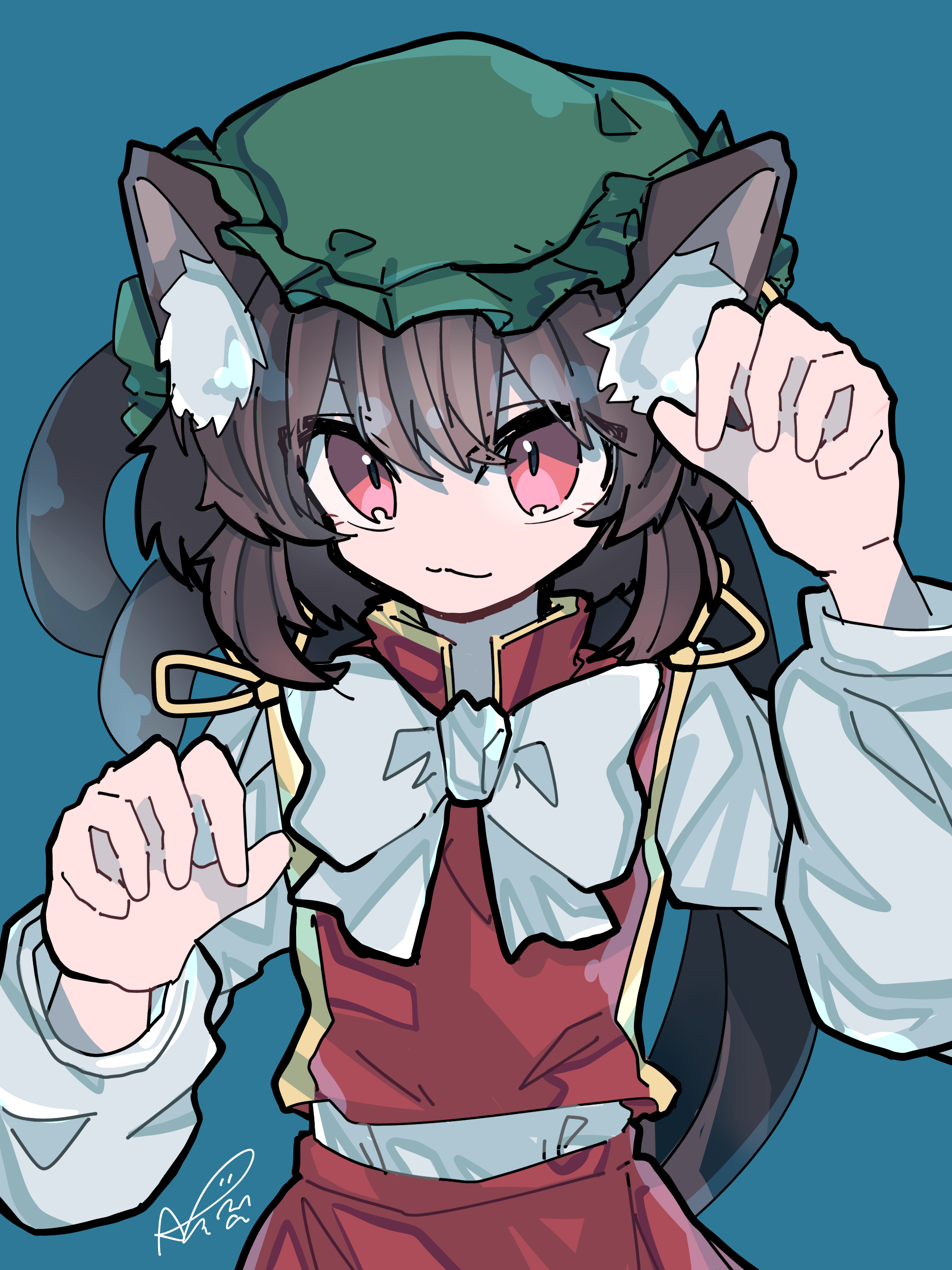 akuta neko, chen, touhou, absurdres, commentary, highres, 1girl, :3, animal ear fluff, animal ears, bow, bowtie, brown hair, cat ears, cat girl, cat tail, frilled hat, frills, green background, green hat, hands up, hat, light smile, mob cap, multiple tails, red eyes, red skirt, red vest, shirt, signature, simple background, skirt, skirt set, solo, tail, two tails, vest, white bow, white bowtie, white shirt