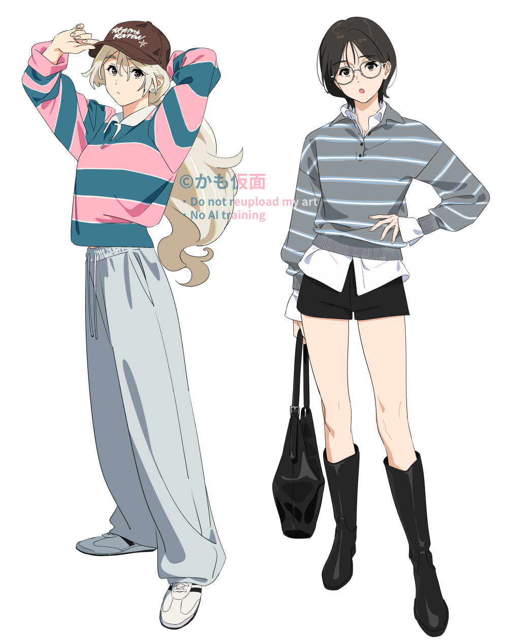 kamo kamen, original, highres, 2girls, baseball cap, black eyes, black hair, blonde hair, brown eyes, ear piercing, glasses, hands on own hips, hat, k (kamo kamen), long hair, m (kamo kamen), multiple girls, pants, piercing, polo shirt, shirt, short hair, shorts, simple background, striped clothes, striped shirt, sweatpants, white background