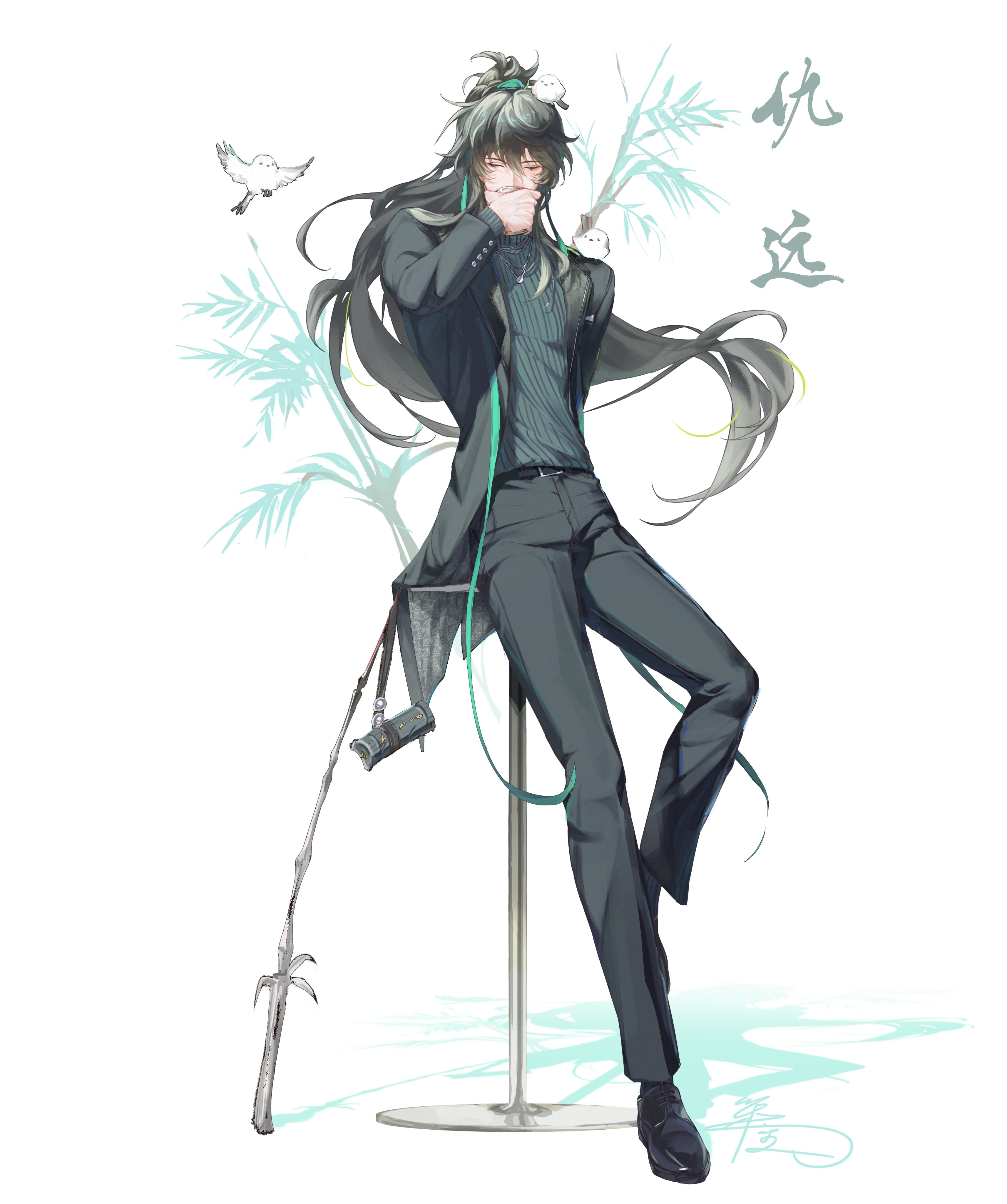 youngjoo kjy, qiuyuan (wuthering waves), wuthering waves, absurdres, commentary, hashtag-only commentary, highres, 1boy, alternate costume, animal, animal on head, animal on shoulder, bird, bird on head, bird on shoulder, black hair, black jacket, black pants, black shirt, black shoes, closed eyes, cup, drinking, facing viewer, full body, hair between eyes, hair ornament, holding, holding cup, jacket, jewelry, long hair, male focus, necklace, on head, open clothes, open jacket, pants, ponytail, shirt, shoes, simple background, solo, white background