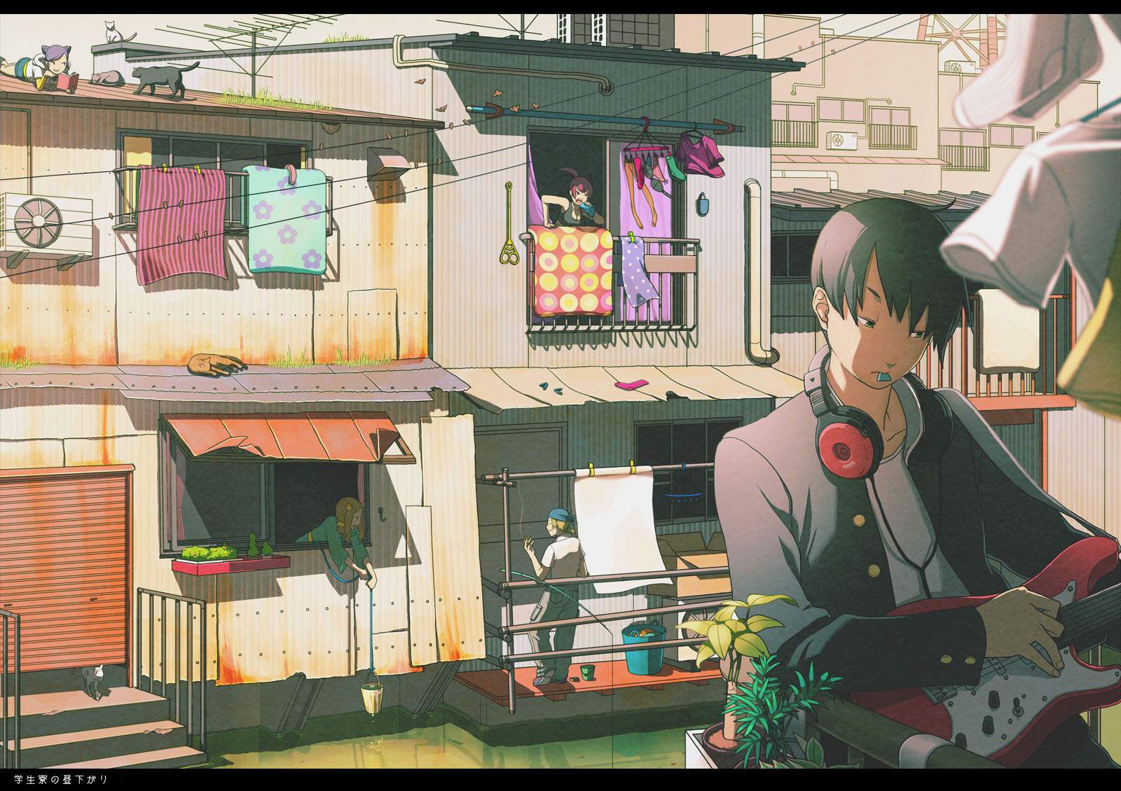juuden, original, highres, 2boys, 3girls, air conditioner, animal, antennae, black hair, book, breasts, cat, city, cleavage, day, grey eyes, guitar, half-closed eyes, headphones, high ponytail, instrument, laundry, letterboxed, male focus, mouth hold, multiple boys, multiple girls, outdoors, plant, plectrum, ponytail, red hair, shouting, slice of life, solo focus, swept bangs, tatami, water