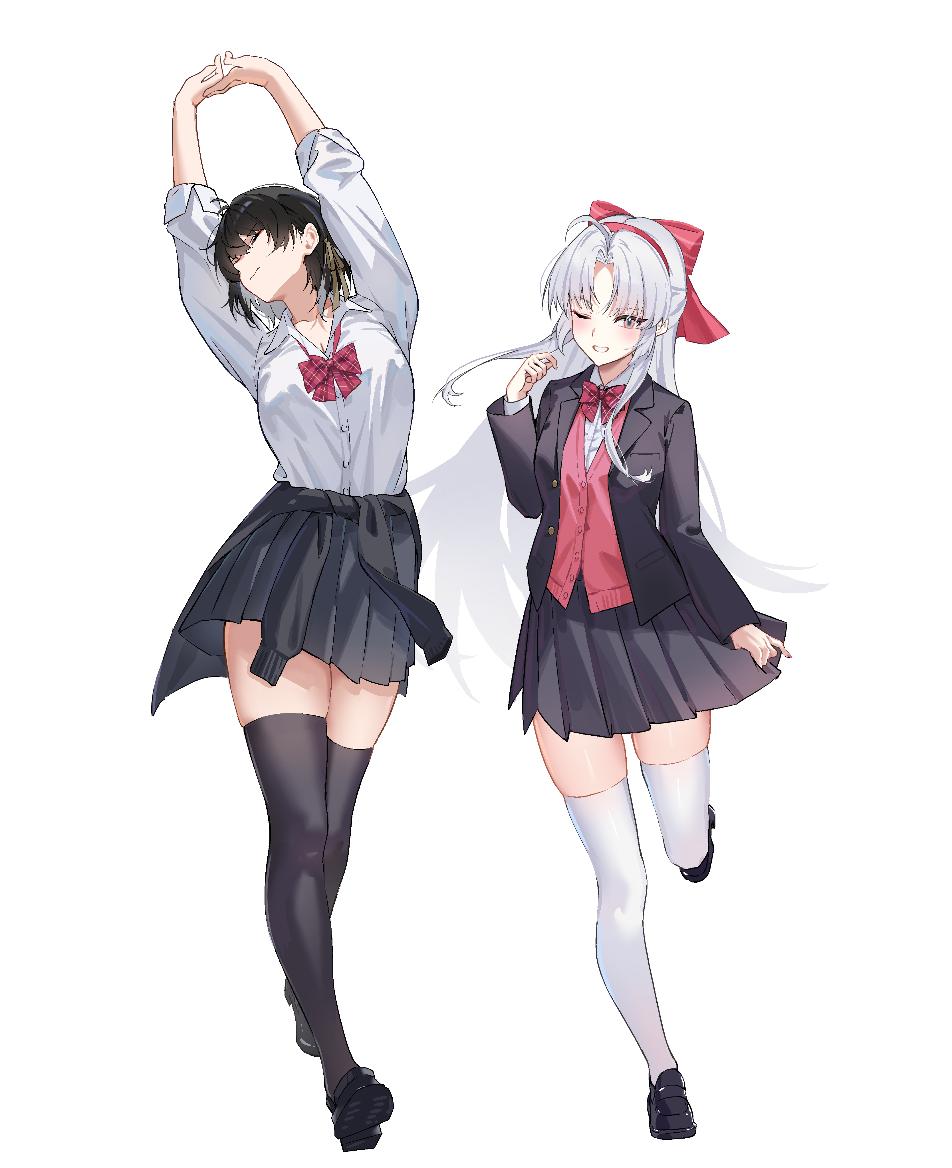 chamaru5963, carlotta (wuthering waves), female rover (wuthering waves), rover (wuthering waves), wuthering waves, absurdres, commentary, hashtag-only commentary, highres, 2girls, alternate costume, aqua eyes, arms up, black cardigan, black hair, black jacket, black shoes, black skirt, black thighhighs, blazer, bow, bowtie, breasts, cardigan, cardigan around waist, closed eyes, closed mouth, clothes around waist, collared shirt, colored inner hair, full body, grin, hair bow, hair ribbon, hairband, hand up, jacket, light blush, loafers, long hair, long sleeves, looking at viewer, medium breasts, multicolored eyes, multicolored hair, multiple girls, one eye closed, open clothes, open jacket, pink bow, pink bowtie, pink cardigan, pink eyes, pink hairband, ribbon, school uniform, shirt, shoes, sidelocks, simple background, skirt, smile, stretching, thighhighs, thighs, two-tone eyes, white background, white hair, white shirt, white thighhighs, yellow ribbon, zettai ryouiki