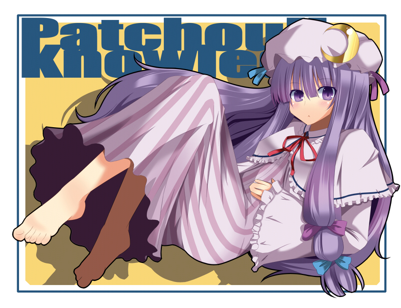 yoshida (rodeo), patchouli knowledge, touhou, bad id, bad pixiv id, 1girl, barefoot, character name, crescent, feet, female focus, hair ribbon, hat, long hair, purple eyes, purple hair, ribbon, solo