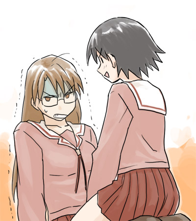 shiwashiwa no kinchakubukuru, mizuhara koyomi, takino tomo, azumanga daiou, azumanga daiou hoshuu-hen, bad id, bad pixiv id, lowres, angry, glasses, school uniform, serafuku, sitting, sitting on lap, sitting on person