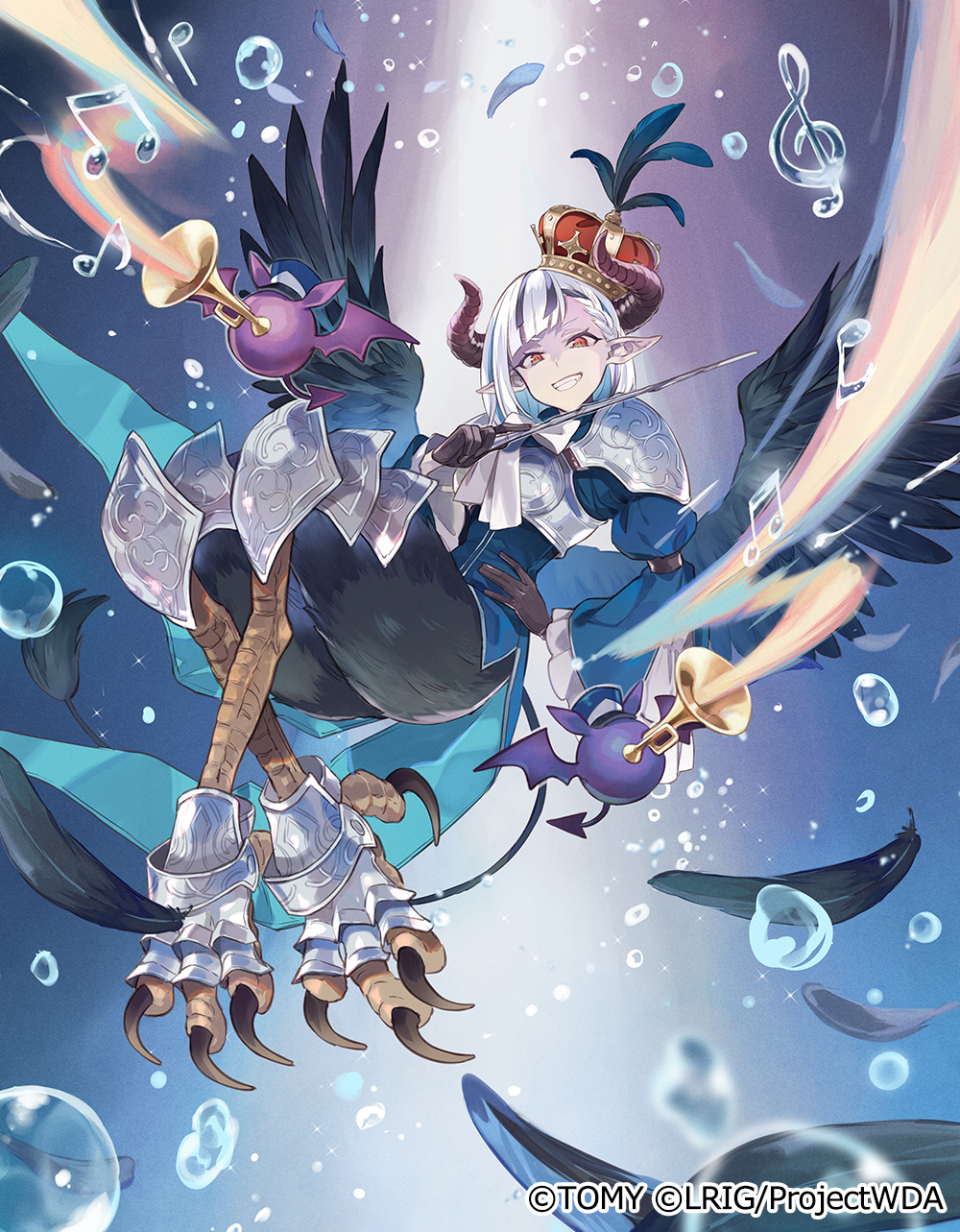 yuko (uc yuk), wixoss, highres, official art, 1girl, black gloves, black hair, closed mouth, copyright notice, demon girl, demon horns, demon wings, gloves, hand on own hip, horns, looking at viewer, multicolored hair, murmurn (wixoss), pointy ears, red eyes, smile, solo, streaked hair, white hair, wings