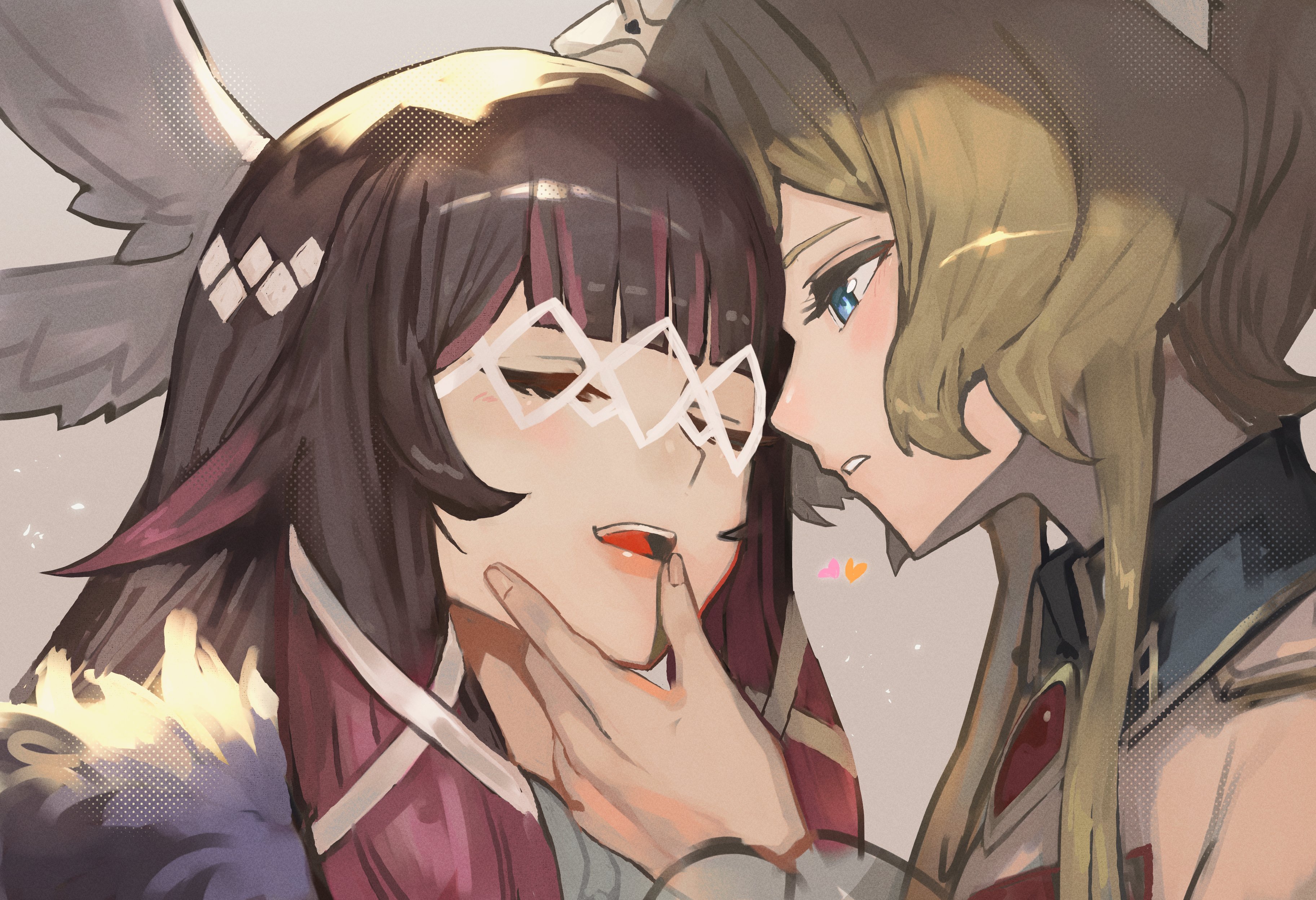 trustyskittles, columbina (genshin impact), sandrone (genshin impact), genshin impact, absurdres, highres, 2girls, bare shoulders, black hair, blue eyes, brown hair, closed eyes, detached collar, detached sleeves, dress, eye mask, fatui coat, finger to another's mouth, hair ornament, hand on another's face, head wings, headdress, heart, long hair, looking at another, mask, multicolored hair, multiple girls, open mouth, parted lips, pink hair, short hair with long locks, simple background, smile, streaked hair, two-tone hair, white dress, white mask, wings, yuri