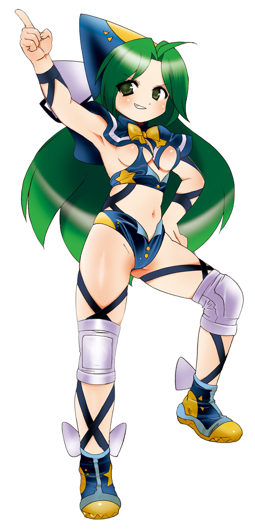 dei shirou, mima (touhou), touhou, touhou (pc-98), highres, 1girl, breasts, female focus, full body, green eyes, green hair, hat, knee pads, long hair, navel, simple background, solo, standing, white background, wizard hat