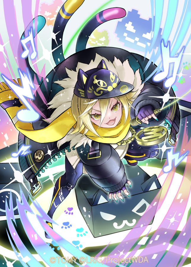 ren-co, wixoss, official art, 1girl, black boots, black hat, black jacket, blonde hair, boots, cat girl, cat tail, copyright notice, fingerless gloves, gloves, gold medal, hat, jacket, looking at viewer, multiple tails, nekozama nana, open mouth, smile, solo, tail, thigh boots, yellow eyes