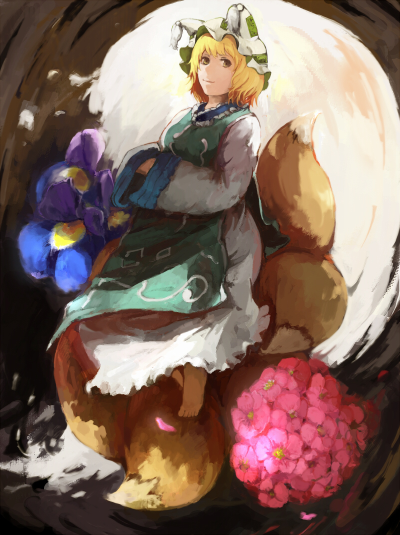 shoutarou (tibi2), yakumo ran, touhou, bad id, bad pixiv id, 1girl, animal hat, aqua tabard, barefoot, blonde hair, female focus, flower, fox tail, hands in opposite sleeves, hat, hydrangea, long sleeves, mob cap, multiple tails, short hair, sitting, smile, solo, tabard, tail, tassel, wide sleeves, yellow eyes