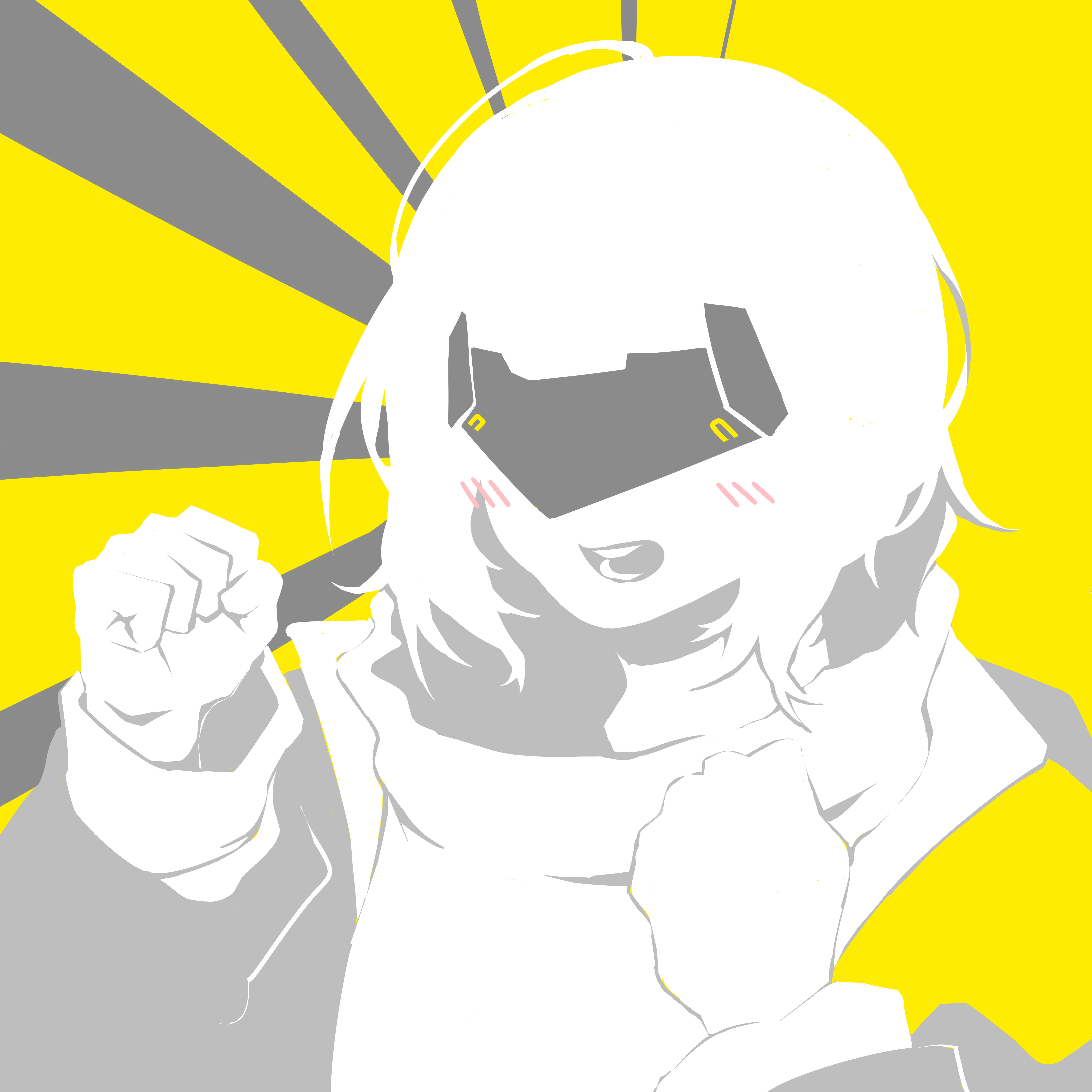 yuukiey, endministrator (arknights), female endministrator (arknights), arknights, arknights: endfield, absurdres, commentary, english commentary, highres, 1girl, eye mask, hands up, jacket, limited palette, long sleeves, mask, medium hair, open clothes, open jacket, open mouth, solo, sweater, teeth, upper body