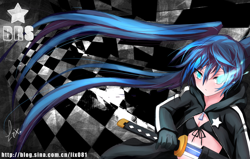 zhuxiao517, black rock shooter (character), hatsune miku, black rock shooter, vocaloid, bad id, bad pixiv id, 10s, blue eyes, blue hair, glowing, glowing eyes, star (symbol), sword, weapon