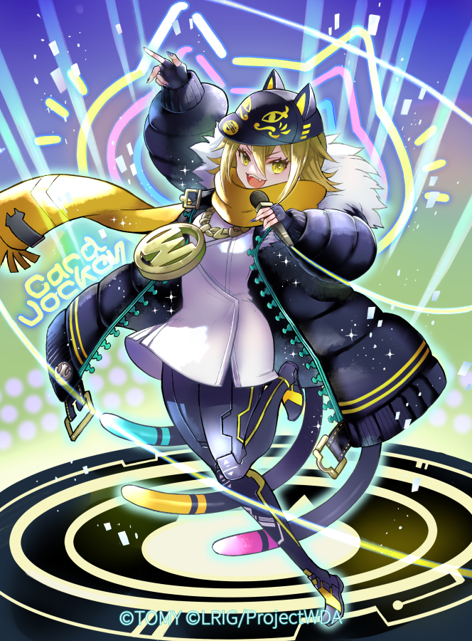 ren-co, wixoss, official art, 1girl, black gloves, black hat, black jacket, black thighhighs, blonde hair, cat girl, cat tail, copyright notice, dress, fingerless gloves, gloves, hat, holding, holding microphone, jacket, looking at viewer, microphone, multiple tails, nekozama nana, open mouth, scarf, short hair, smile, solo, tail, teeth, thighhighs, upper teeth only, white dress, yellow eyes, yellow scarf